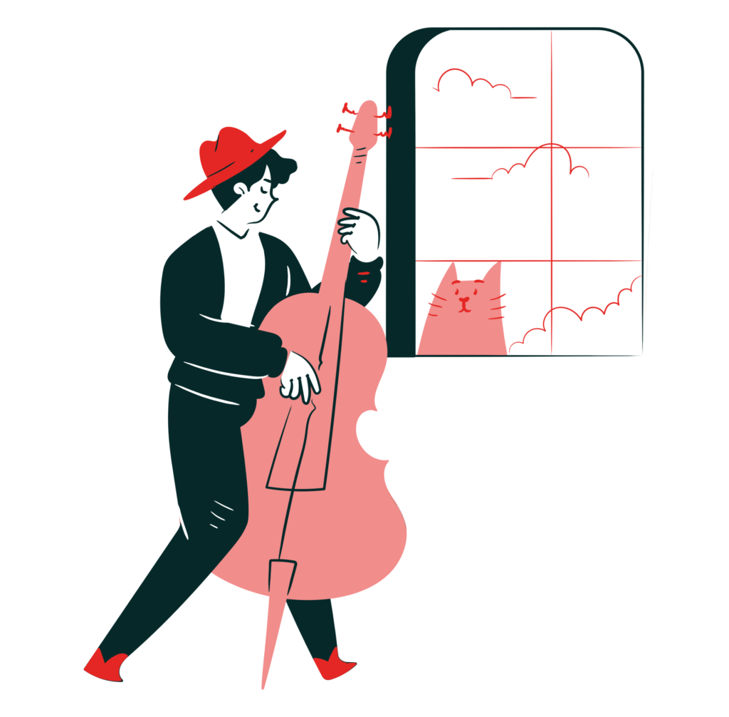 Illustration d’un musicien intermittent jouant de la contrebasse devant une fenêtre, symbolisant le monde du spectacle vivant et les artistes accompagnés par Chèque Intermittents