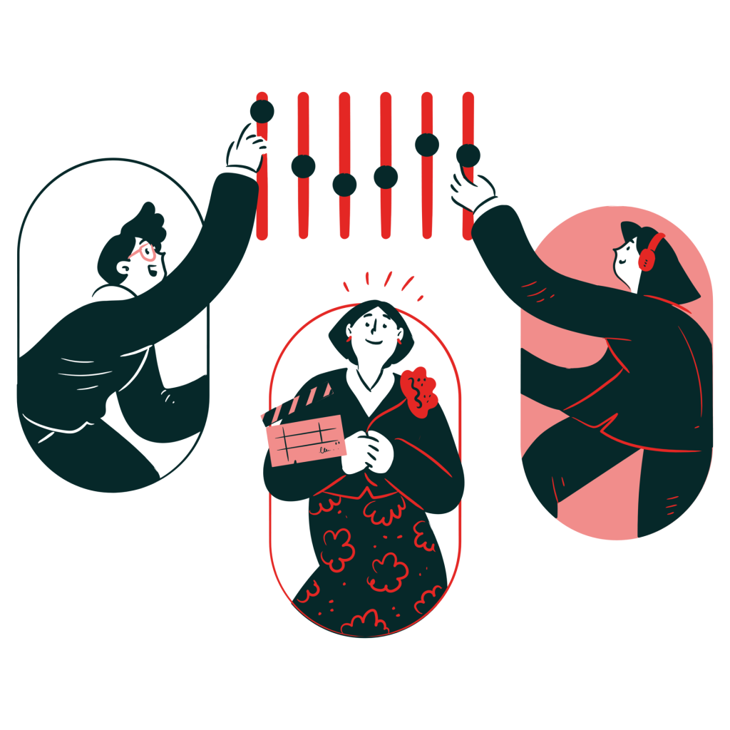 Illustration d’une équipe audiovisuelle composée d’un technicien du son, d’un cadreur et d’une réalisatrice, symbolisant les métiers intermittents du spectacle accompagnés par Chèque Intermittents